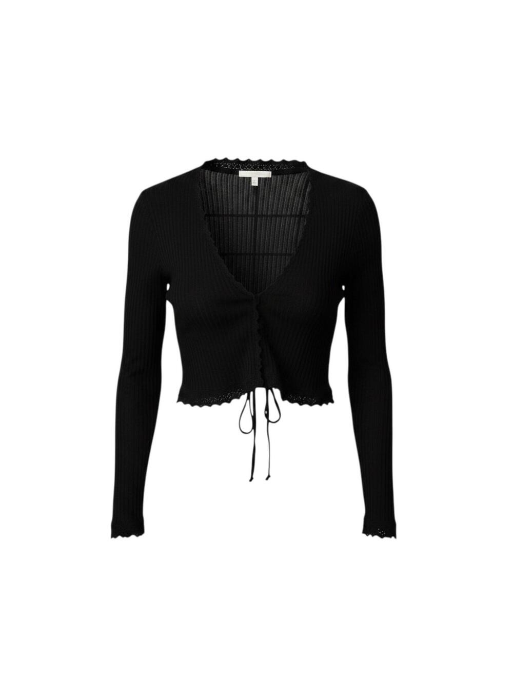 Free People Black Sheer Ribbed Tie-Front Cropped Cardigan